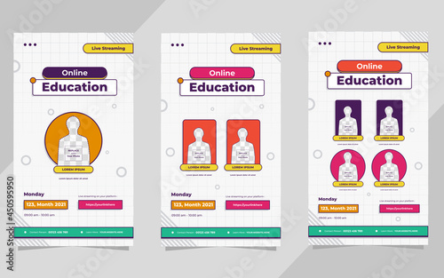 Set of social media stories post template for Online Education, Online class program, Courses and other E-Learning with white geometric background