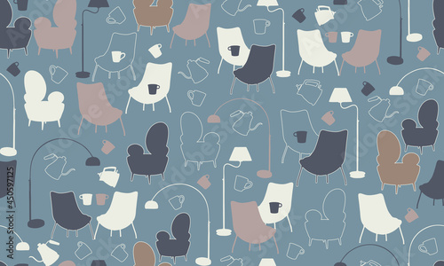 Seamless pattern with blue grey background and New York style inspired coffee shop elements