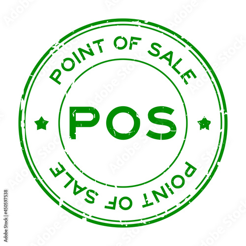 Grunge green POS (abbreviation of point of sale) word round rubber seal stamp on white background