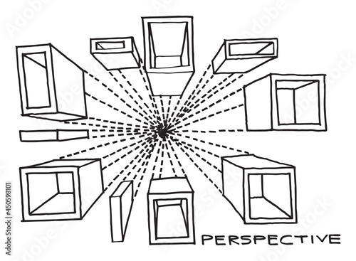 Hand drawn of isometric one point perspective basic drawing showing technique to draw object to vanishing point eye view by using dot lines. Vector. illustration.