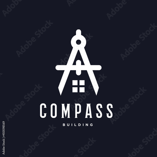 Building architectural logo design. Compass drawing tool with house creative logo vector illustration