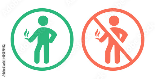 Person smoking and non smoking vector icon. No smoking area warning sign