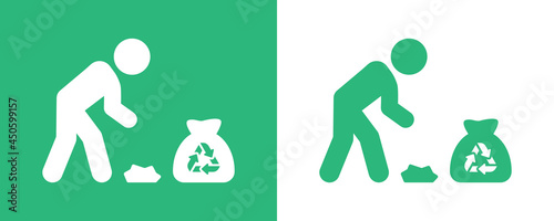 Person collecting trash icon. Man pick up garbage icon.