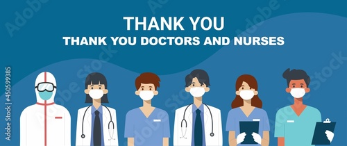 Thank you doctors and nurses, Illustration of doctors and nurses characters wearing masks. Vector flat style