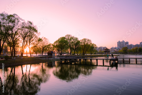 The city horizon against the setting sun