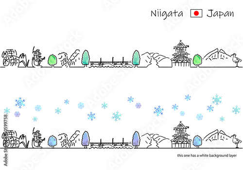 冬の新潟県の観光地の街並みシンプル線画セット