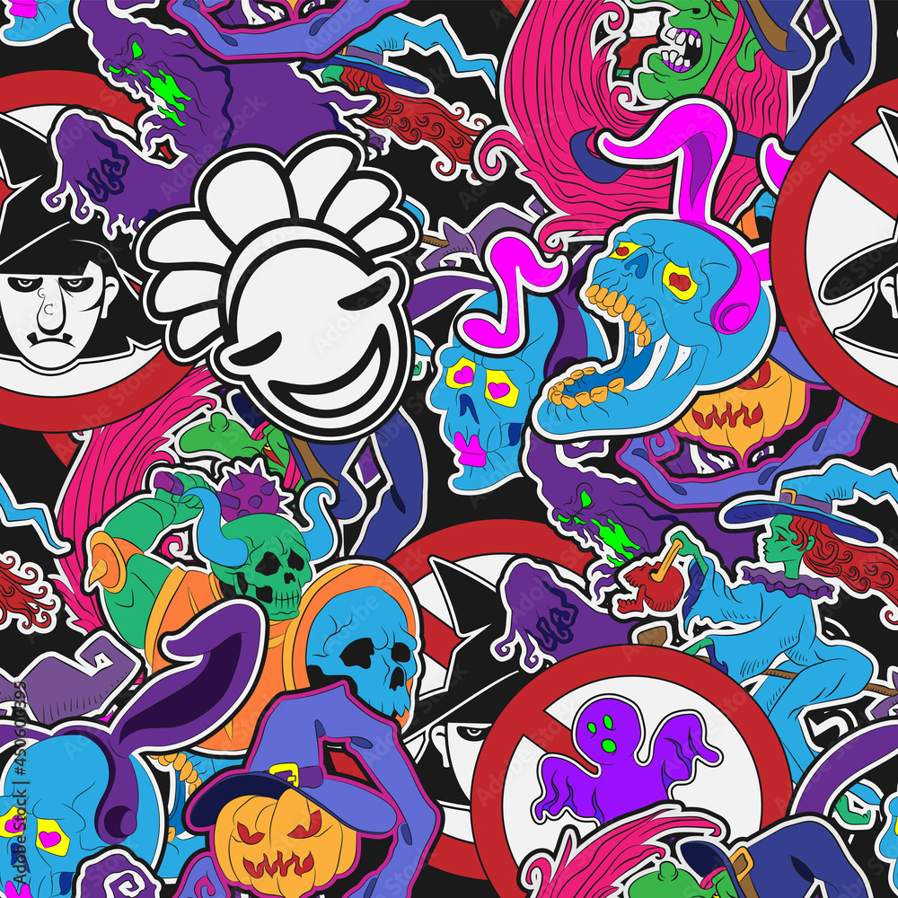 seamless pattern sticker set for Halloween pumpkin witch zombie ghost on black vector background.