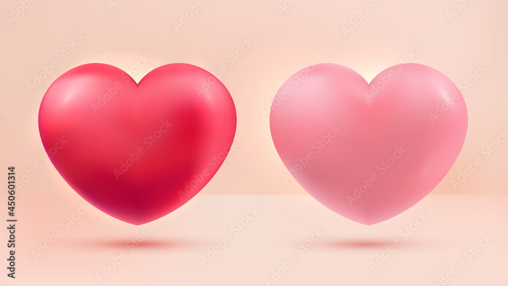 love heart set red and pink 3d realistic on pastel background