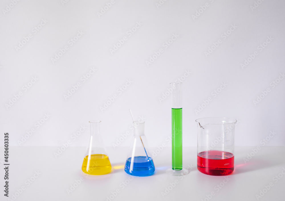 Reagents Beakers. Flasks with reagents. Biological laboratory. The concept is chemistry. Laboratory equipment, copy space