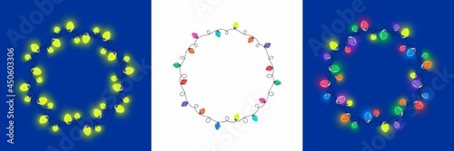 Hand drawn watercolor illustration of multicolored christmas garland lights or bulbs. A set of frames made of Christmas garlands in the shape of a circle