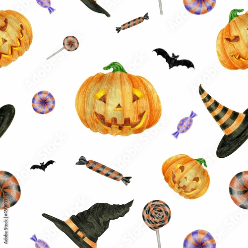 Halloween seamless pattern with a bat and a On a white background. For printing fabric, Wallpaper, packaging, wrapping paper, greeting cards and invitations.