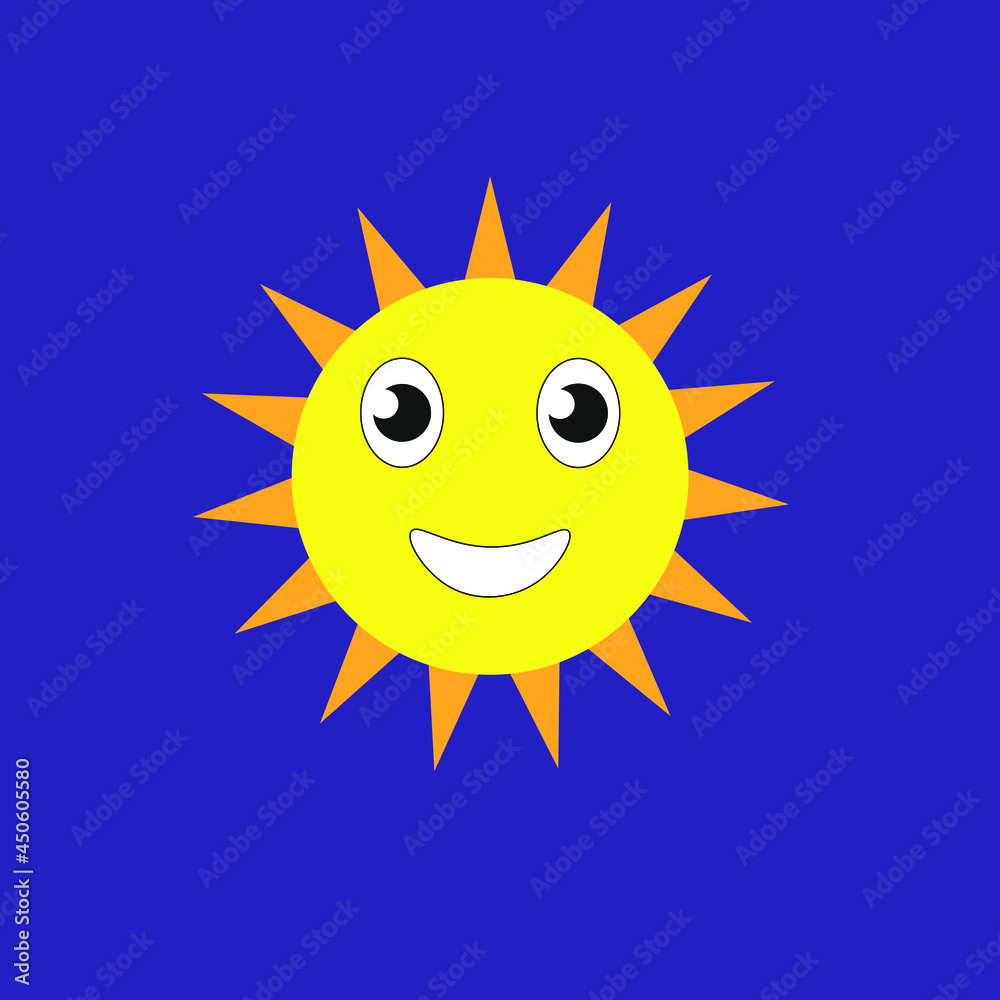 Yellow sun with orange rays and has eyes and smile on a dark background