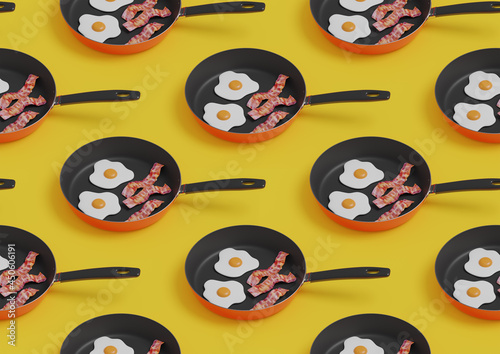 Frying pan with eggs and bacon in isometric seamless pattern. 3d illustration. © jroballo