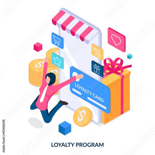 Сustomer loyalty program concept. Advertisement, promotion of internet shop loyalty program for regular customers. Isometric vector illustration on white background