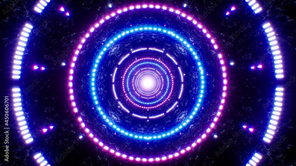Multi Neon Circle Light in the Dark Tunnel Multi Neon Circle Light in the Dark Tunnel