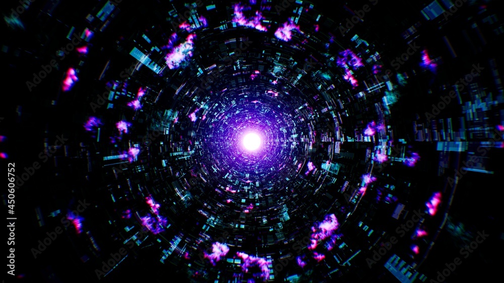 Obraz premium Neon Fire Particles in the Sci fi Tunnel