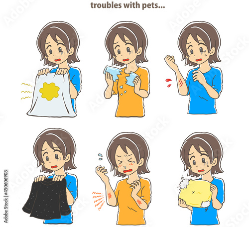 troubles with pets, women have troubles with their pet, pee on sheets, broken glasses, hurt bleeding, pet hairs shirt, allergic reaction, broken cushion