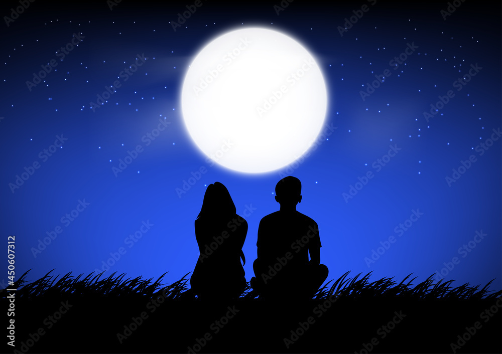 silhouette image A couple man and woman sitting with Moon on sky at night time design vector illustration silhouette image A couple man and woman sitting with Moon on sky at night time design vector illustration