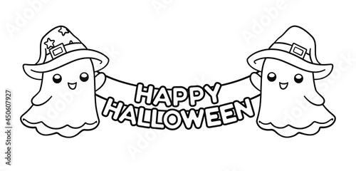 Ghosts with Happy Halloween sign outline vector illustration clipart. Halloween themed coloring book page activity worksheet for kids, children and adults.