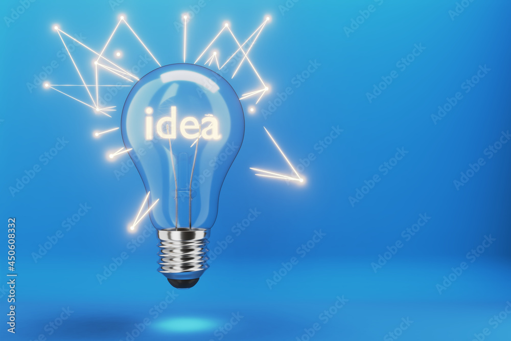 New solutions in the field of information technology. The inscription idea shines in a light bulb. The concept of drawing up a new business plan. 3d render. New solutions in the field of information technology. The inscription idea shines in a light bulb. The concept of drawing up a new business plan. 3d render.