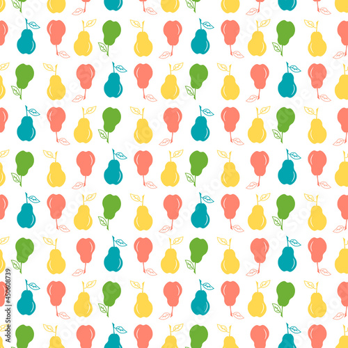 Pattern with colorful pears. Fruit illustration on a white background. Vector drawing. For use in prints, textiles, covers and packaging, flyers, menus, shops.