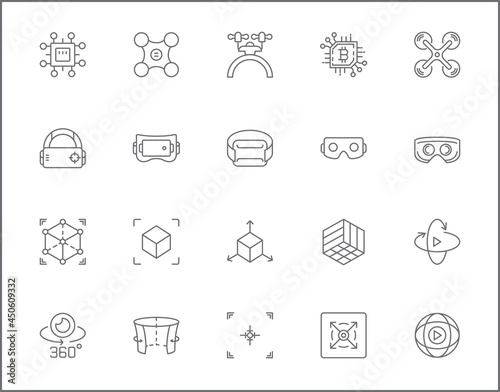 Set of Virtual Reality and tech line style. It contains such as futuristic, display, smart tech, technology, device, 360 degrees, VR, future and other elements.