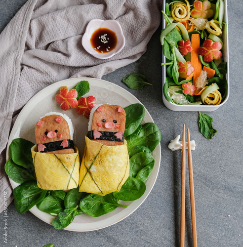 Delicious homemade Japanese cuisine. Animated Shaped Musubi with Salad. It's fun and interesting to create art out of edible food and enjoy and saviour the distinct taste is another experience. photo