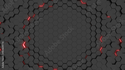 Futuristic glowing red hexagonal or honeycomb background. Technology  future and innovation concept. 3D Rendering image