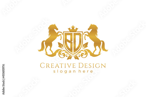 initial BD Retro golden crest with shield and two horses, badge template with scrolls and royal crown - perfect for luxurious branding projects