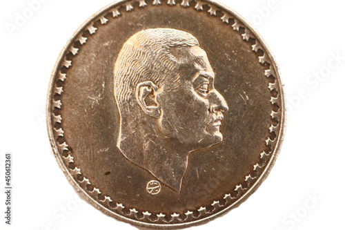 Obverse side of an old Egyptian silver coin 1LE one pound 1970, Subject President Nasser head right, commemorative coin for Gamal Abdel Nasser President of United Arab Republic of Egypt and Syria  photo