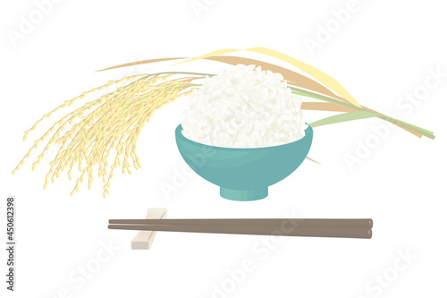 新米の稲穂と茶碗に盛ったご飯 ベクターイラスト
