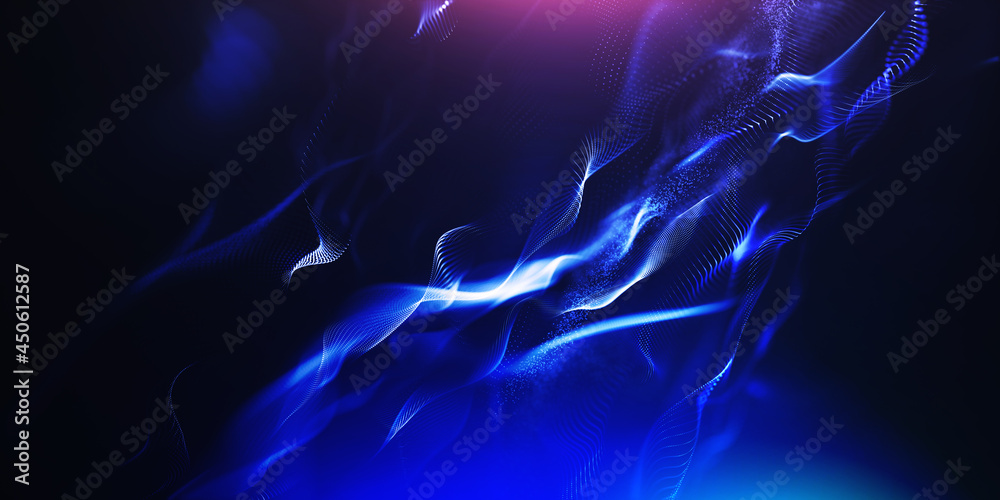 Obraz premium Abstract colorful digital particles wave with bokeh and light background, 3d render wave line dot background, line wave light glowing effect particular background. 