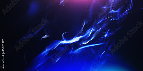 Abstract colorful digital particles wave with bokeh and light background, 3d render wave line dot background, line wave light glowing effect particular background. 
