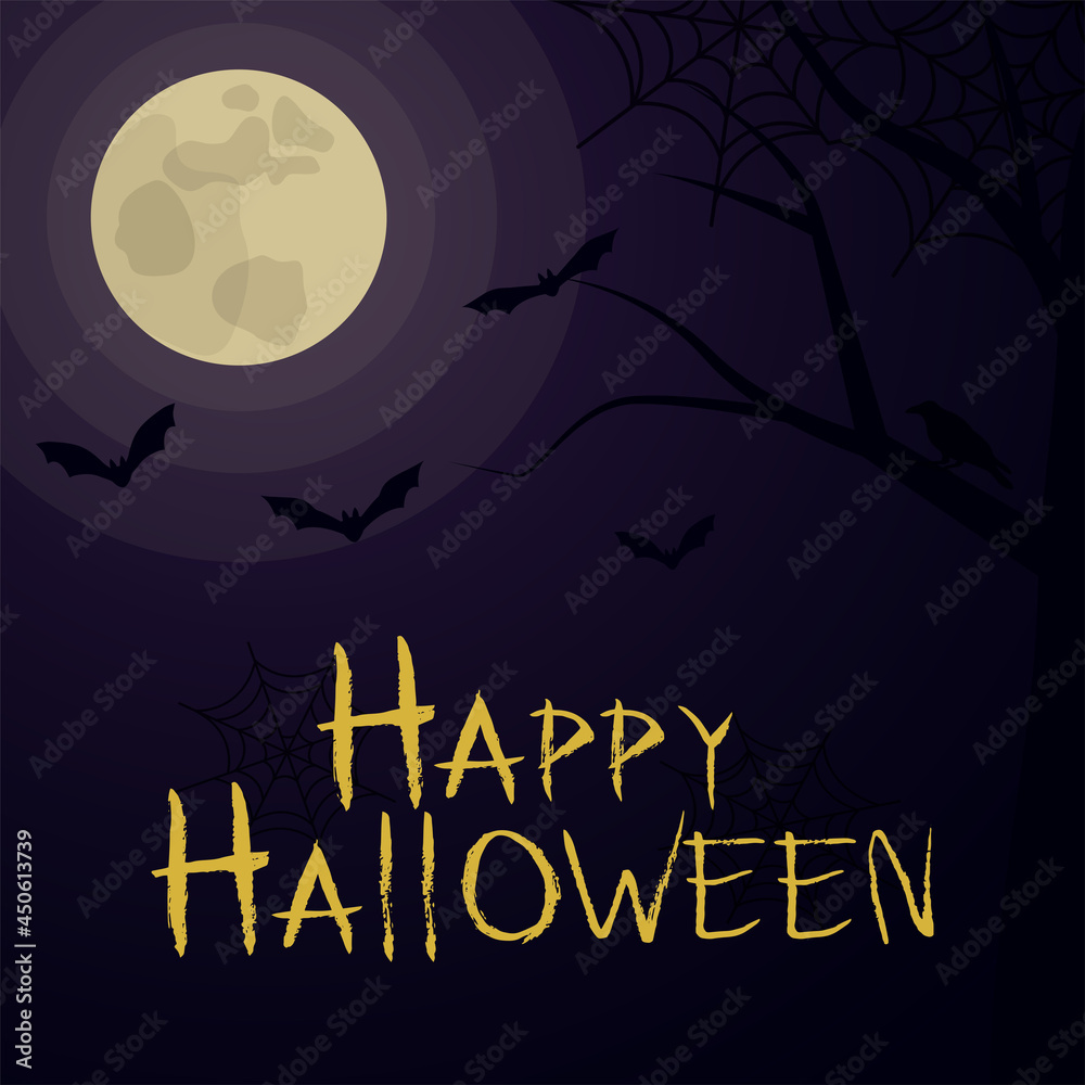 Happy halloween background. Night, moon, bats, crows and cobwebs. Vector illustration.