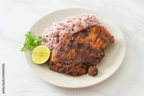 spicy grilled Jamaican jerk chicken with rice