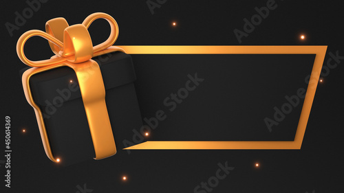 Banner with gift box and gold ribbon on black background and copy space. Black friday 3d render illustration