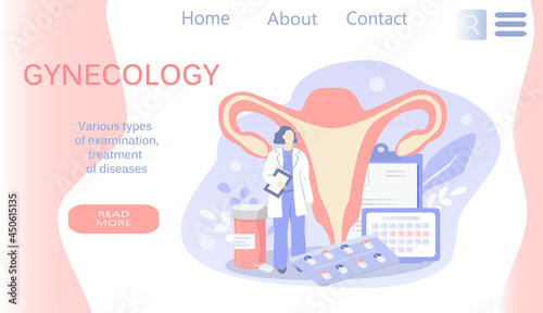 vector illustration , banner for site on the theme of gynecology, examination of the health of the female reproductive system. uterus, doctor, pills, test tube. trend illustration in flat style