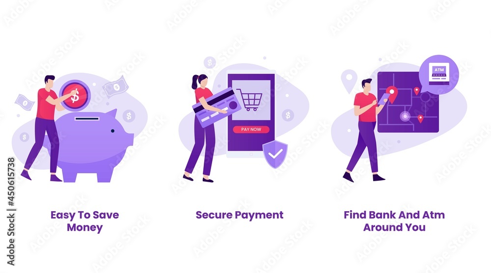 Mobile banking illustration set design. Illustrations for websites, landing pages, mobile applications, posters and banners. Mobile banking illustration set design. Illustrations for websites, landing pages, mobile applications, posters and banners.