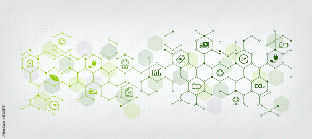 Sustainable business or green business vector illustration background. with connected icon concepts related to environmental protection and sustainability in business and hexagon - obrazy, fototapety, plakaty 