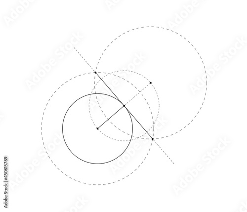 draw a line tangent to a circle using a compass, geometry education. black and white illustration isolated on white