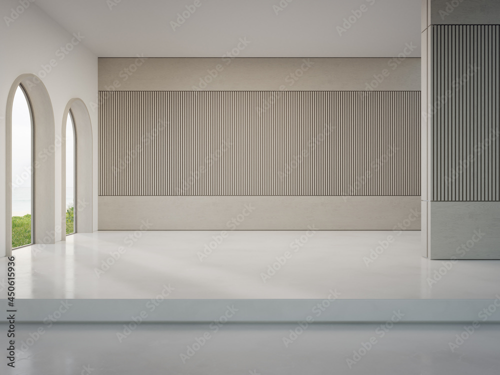 Wooden wall on white concrete floor of bright living room in modern beach house or luxury hotel. Minimal home interior 3d rendering with sea view. Wooden wall on white concrete floor of bright living room in modern beach house or luxury hotel. Minimal home interior 3d rendering with sea view.
