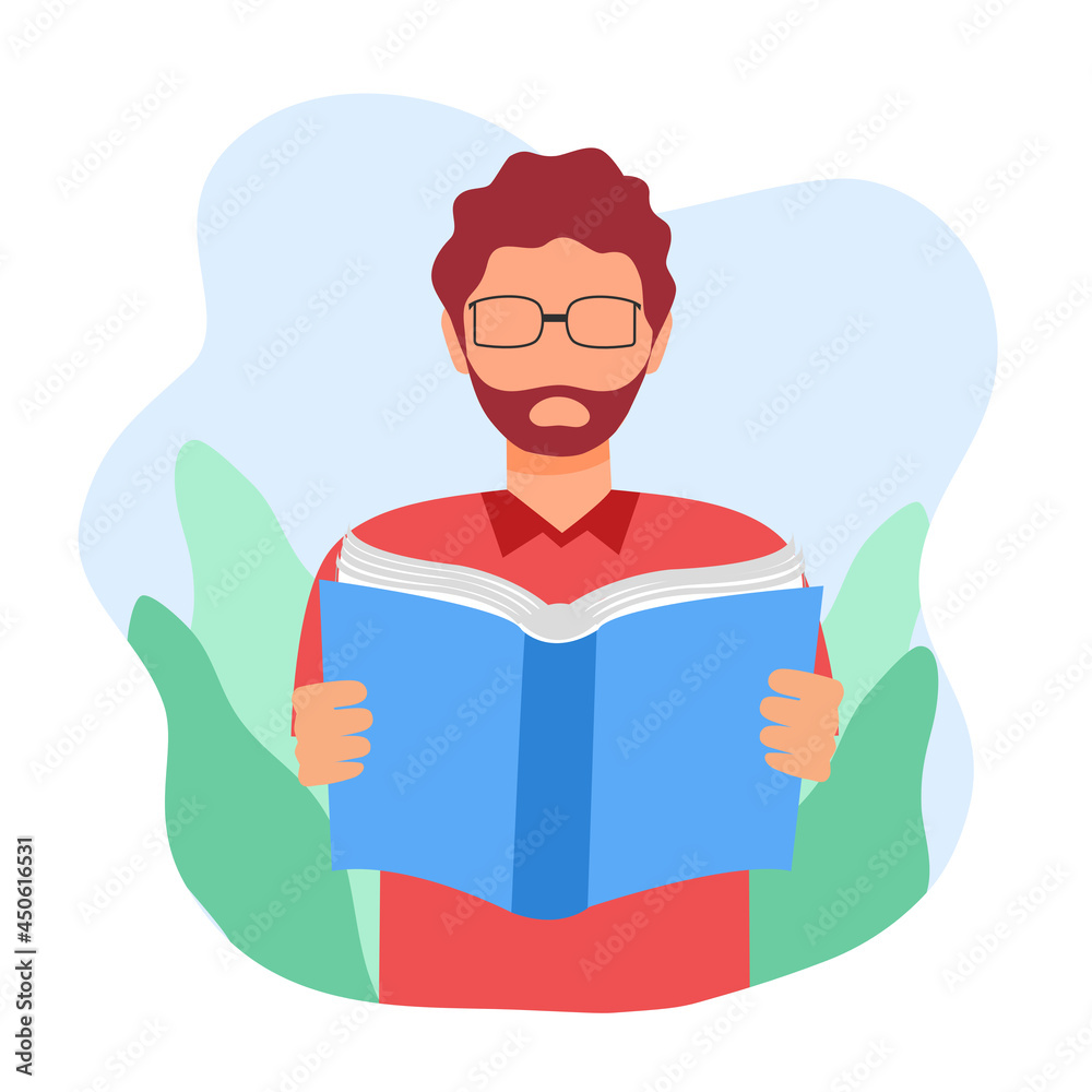 I love reading concept vector illustration on white background. Man enjoy reading book in flat design. Bookworm.