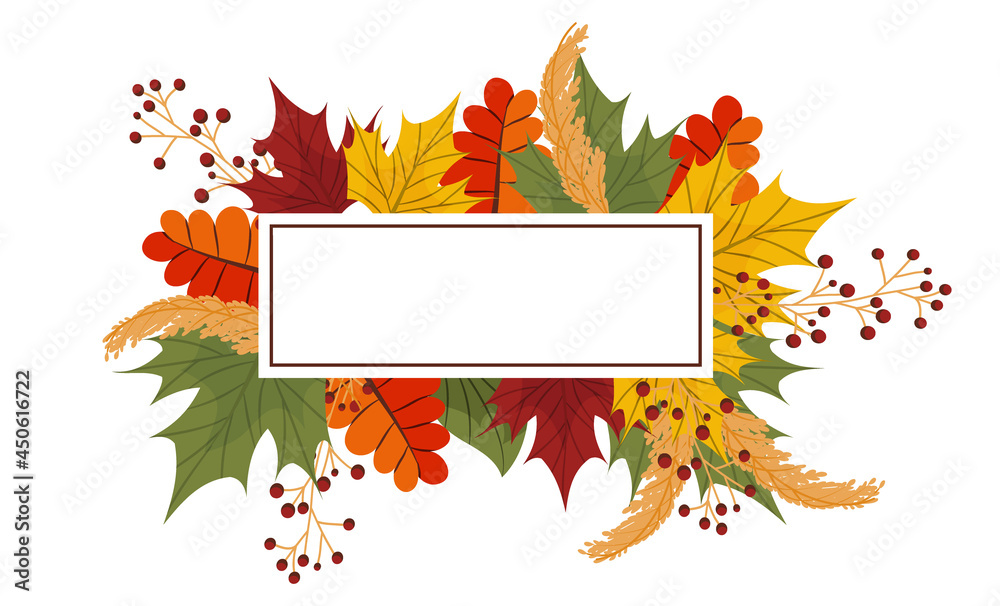 Autumn frame with a place for text and colorful leaves, maple and ash. Vector illustration for brochures and banners. Bright frame, autumn composition