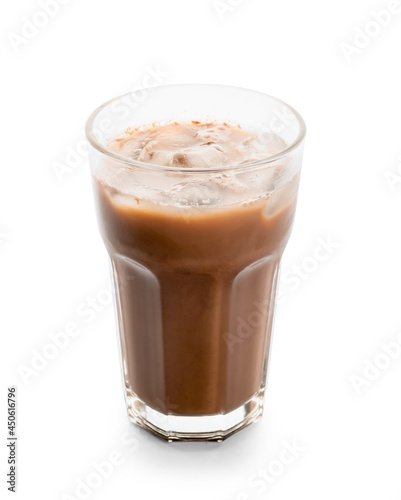 Glass of tasty chocolate milk on white background