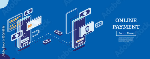 Online Payment with Mobile Phone. Isometric Concept. Online Shopping with Credit Card.