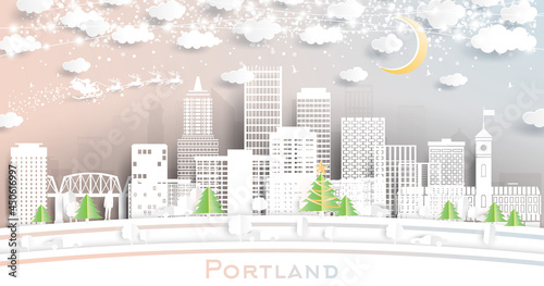 Portland Oregon City Skyline in Paper Cut Style with Snowflakes, Moon and Neon Garland.