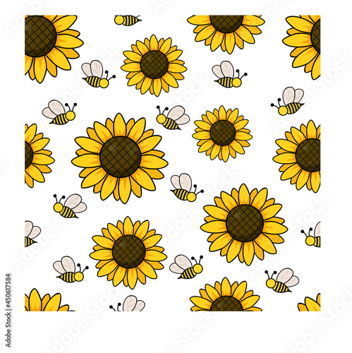 Vector seamless pattern with bees and sunflowers isolated on white background