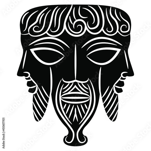Bearded male head with three faces. Pagan god of three worlds. Ancient European Celtic motif. Black and white negative silhouette.