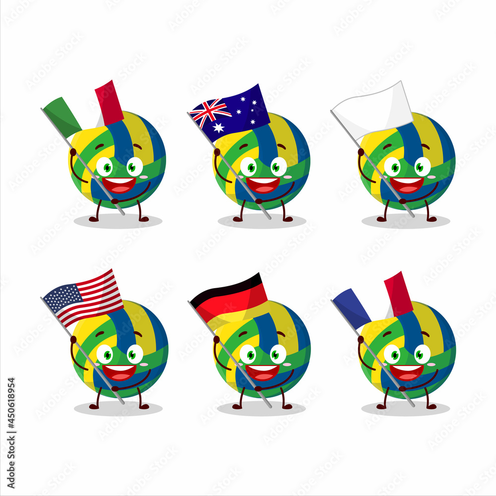 Volleyball cartoon character bring the flags of various countries