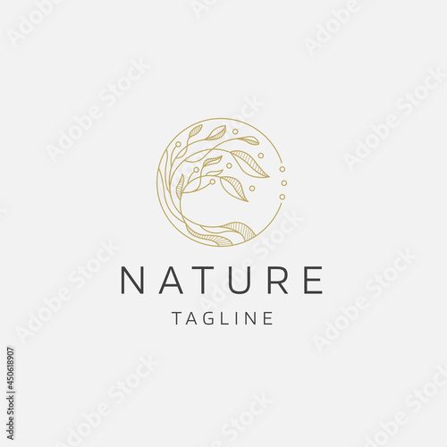 Natural tree flower elegant gold color line art logo icon design template flat vector illustration